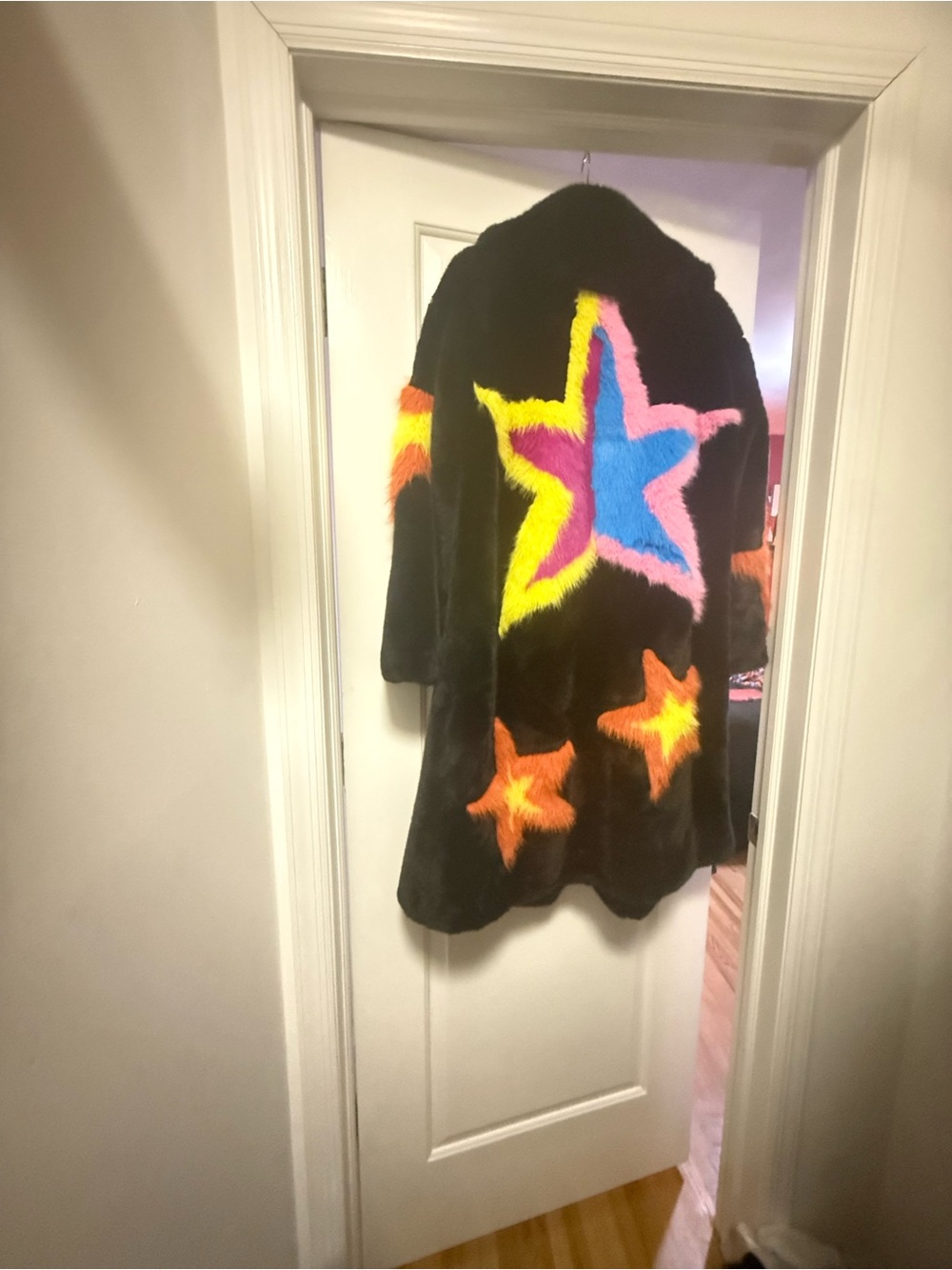 Black Faux Fur Coat with Neon Star & Stripe Patches. - Picture 4 of 9